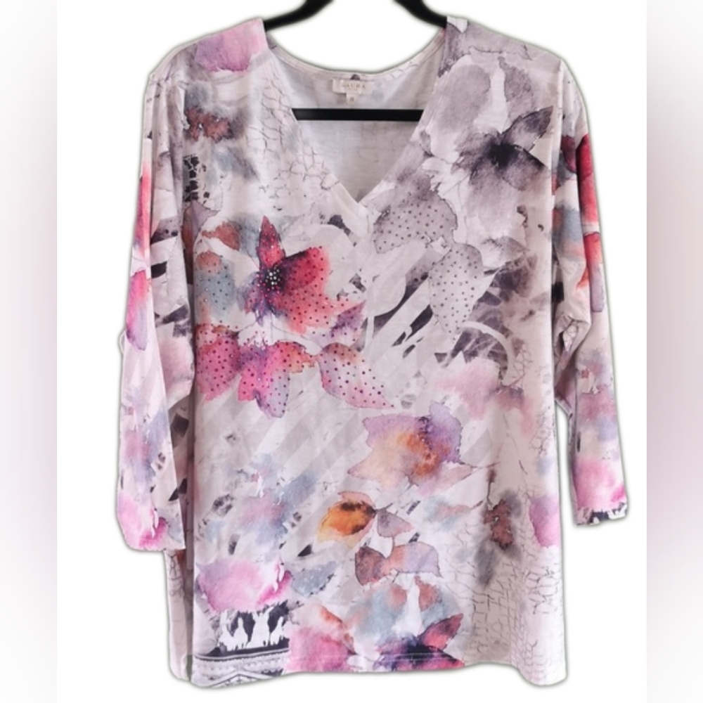 Laura Plus Floral Embellished V- Neck 3/4 Sleeve Side Slit Casual Top Sz 2X